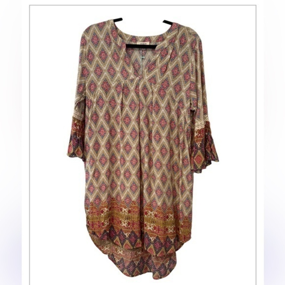 NWT Umgee Boho Multicolored Geometric 3/4 Sleeve Notch Neck High Low Dress L